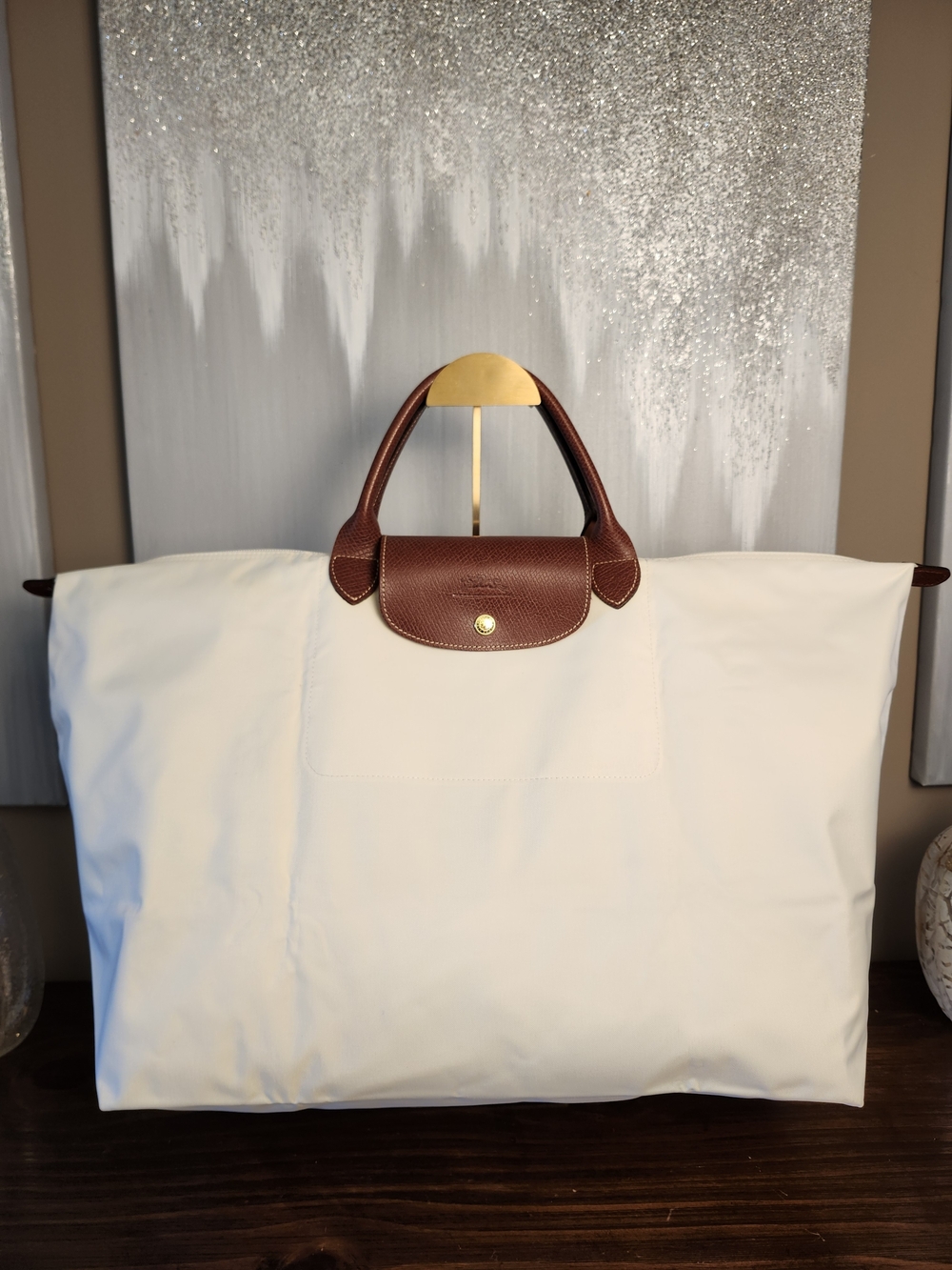 Longchamp Le Pliage Large Travel Tote Bag in White with Brown Trim